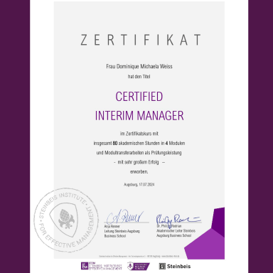 Zertifikat "Certified Interim Manager", Augsburg Steinbeis Business School 