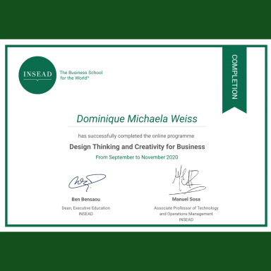 Zertifikat "Design Thinking & Creativity for Business", INSEAD