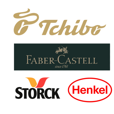 Übersicht Firmen, für die Dominique Weiss festangestellt tätig war: Tchibo, Faber-Castell, STORCK, Henkel