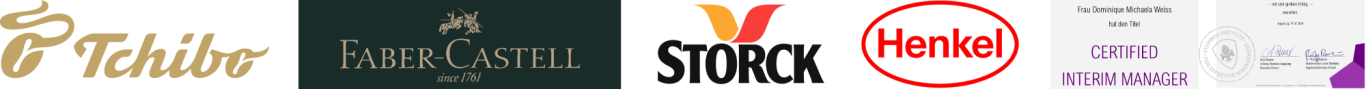 Übersicht Firmenlogos, für die Dominique Weiss, festangestellt tätig war: Tchibo, Faber-Castell, STORCK, Henkel; Zertifikat der Steinbeis Au